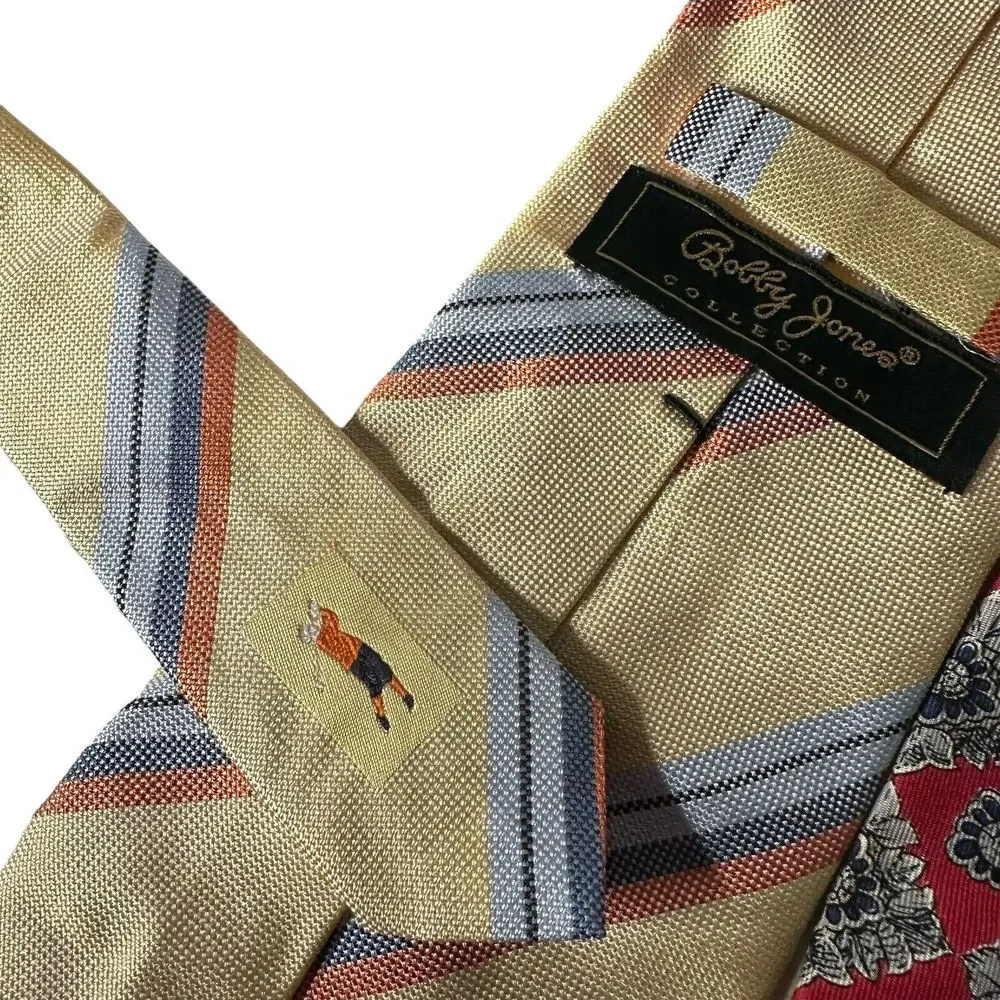 Lot Of 2 Bobby Jones Robert Talbott Neckties Red Floral‎ Print Yellow Striped